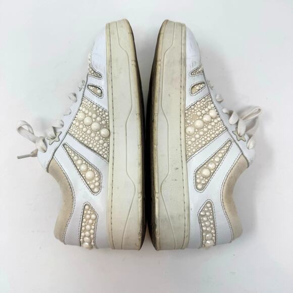 Jimmy Choo Hawaii Leather Pearl Sneakers Shoes 37.5 7.5 White Embellished - Picture 12 of 12